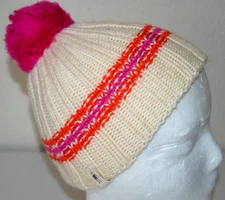 SMARTWOOL Winter Hat Beanie Girl's Medium Merino Wool Ivory Orange Pink Pom Pom