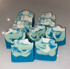 5 homemade vegan soap bars (blue, mint, and white)
