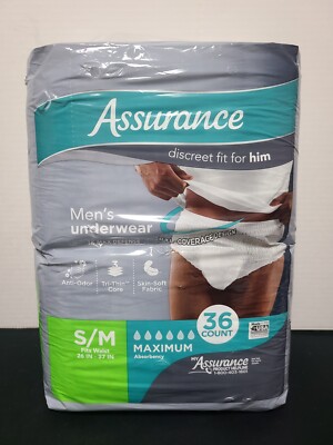 Men's Incontinence Underwear S/M Maximum Absorbency 36 Count 26 -37  115-190 lbs