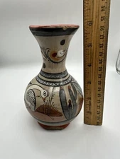 Tonala Pottery Vase Hand Painted Bird  Floral Vtg Mexican Folk Art Signed- Chip