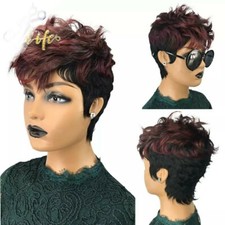 Burgundy 99J Ombre Color Short Wavy Bob Pixie Cut Full Machine Made None Lace...