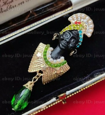 Vintage Art Deco Stil Brosche Blackamoor goldfarben grün Kristall Afrikanische Königin