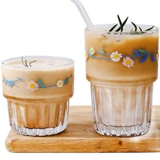 Set of 2 Floral Glass Cups Stackable Glassware for Juice Coffee Tea Desserts