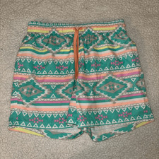 Chubbies Men  s Teal Coral Aztec Pattern 5.5  Swim Shorts Medium EUC