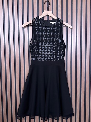 Trina Turk Dress Small Womens Black Sleeveless Fit Flare Houndstooth Mesh  Knit