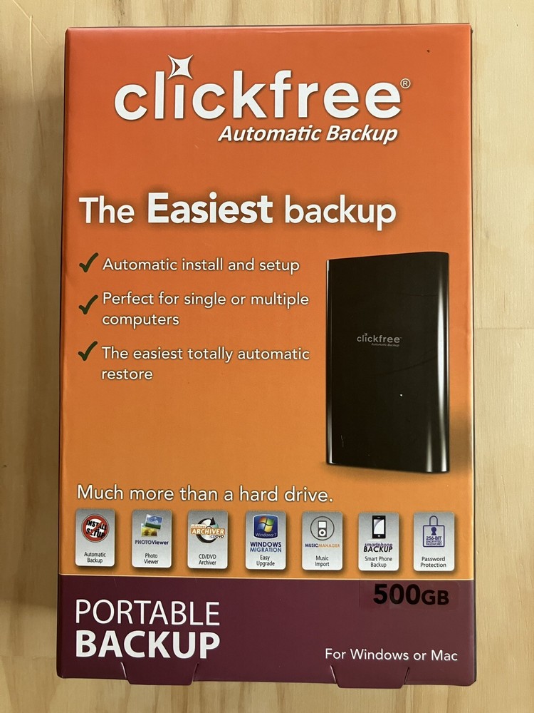 Clickfree Automatic Backup 500GB External Hard Drive Portable Backup NEW