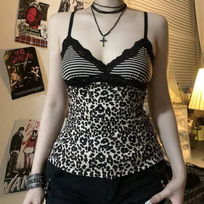 Cheetah Print Y2k 2000s Cami Tops Lace Trim Deep V Neck Backless Cute Tank Top