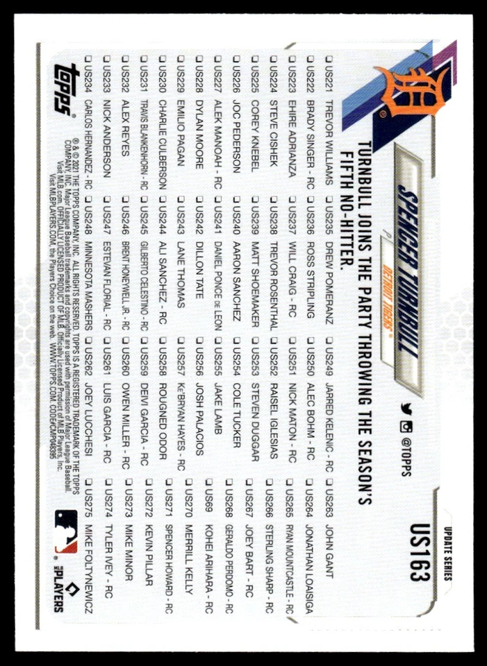 2021 Topps Update GOLD FOIL Spencer Turnbull Detroit Tigers #US163 - Image 2 of 2