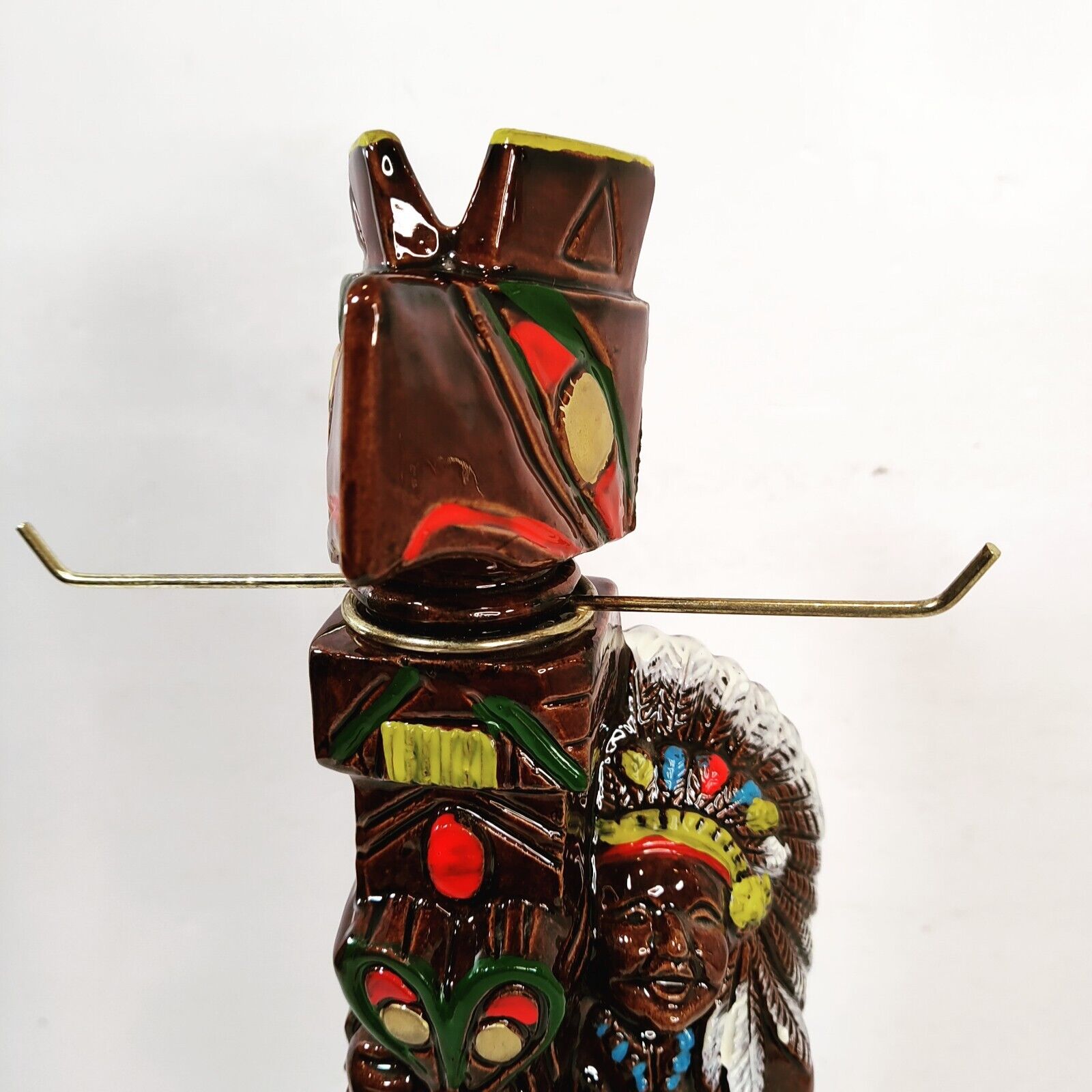 Vintage Totem Pole & Drunk Indian Ceramic Liquor Decanter 10.75