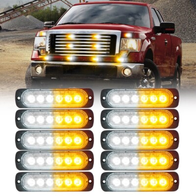 10PC Amber White LED Grille Strobe Lights Ultra Slim Flush Mount Warning Flasher