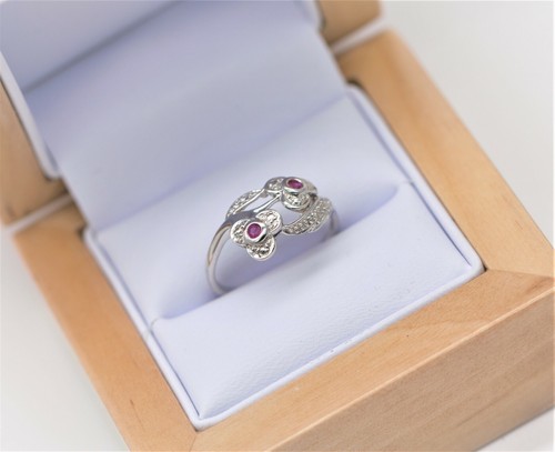 Sterling Silver 925 Natural Ruby & Diamond Flower Petal Twist Ring Size M - Picture 7 of 9