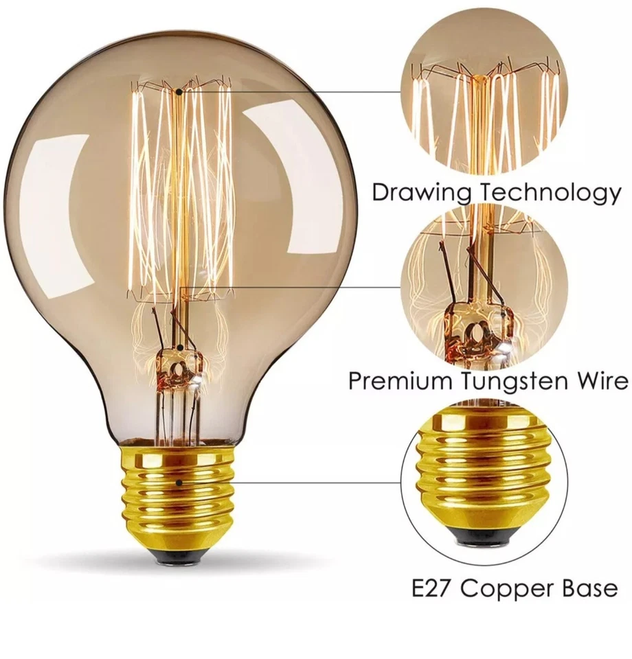 E27 Screw Vintage G80 Filament Lamp Dimmable Edison Light Retro Globe Bulb 40W - Image 2 of 4