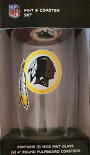 Washington Redskins Glass Pint and 4 Coaster Set [NEW] NFL Drink Cup Beer Shot