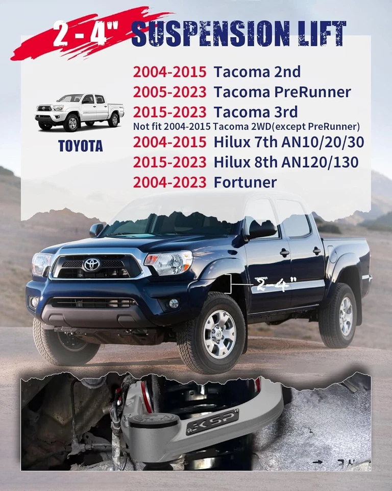 Brazos de control superiores de aluminio para Toyota Tacoma Hilux 2004-2023 con kit de elevación de 2-4" Foto 2 de 4