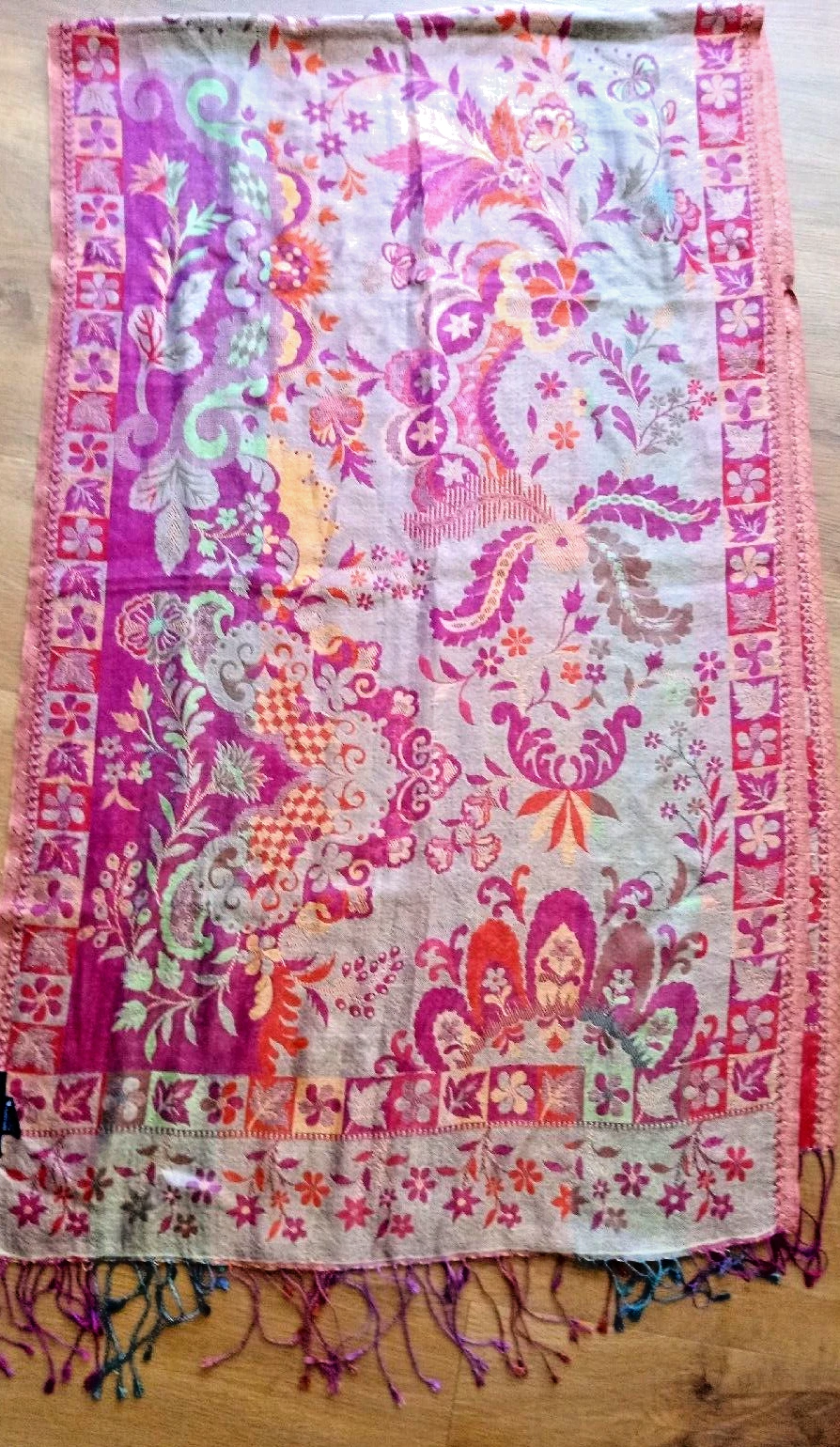 Savican Women’s Shawl Wrap SILK SCARF ~Fringes Fushia ~Green Multicolor