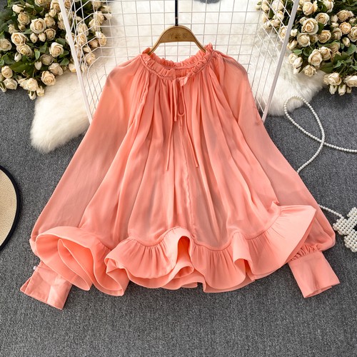Damen Lange Puffärmel Rüschen Lose Chiffon Bluse Top Freizeit Pullover Oversize
