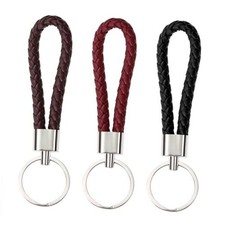 Braided Leather Key Fob Car Keychain Ring Woven Strap 3 Black, Brown, Red