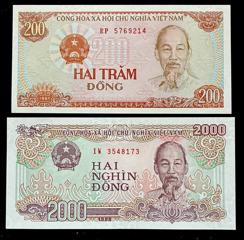 Vietnam 200 & 2000 Dongs banknote UNC Foreign Currency Paper Money 1988 FREE S/H