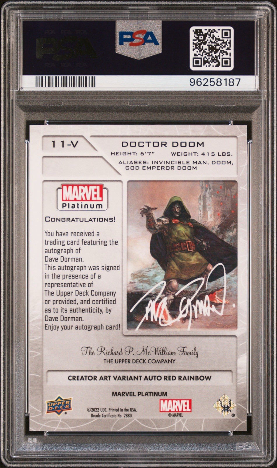 2023 Marvel Platinum Red Auto Variant Dave Dorman Doctor Doom PSA 10 GEM MT POP3 view 3
