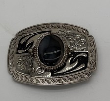 Black Stone mounted In Silver Tone Western Belt Buckle 4  