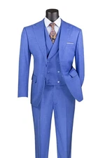 Vinci Men's Modern Fit 3-Piece Suit with Adjustable Waist Band Pants French Blue