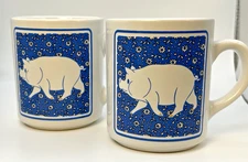 2 Blue Calico Country Pig ArtMark Coffee Mugs Vintage 1983 cottagecore farmhouse