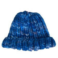New Handmade Cap Girl's Winter Beanie Hat Chunky Knit Cuffed Blue Size S/M