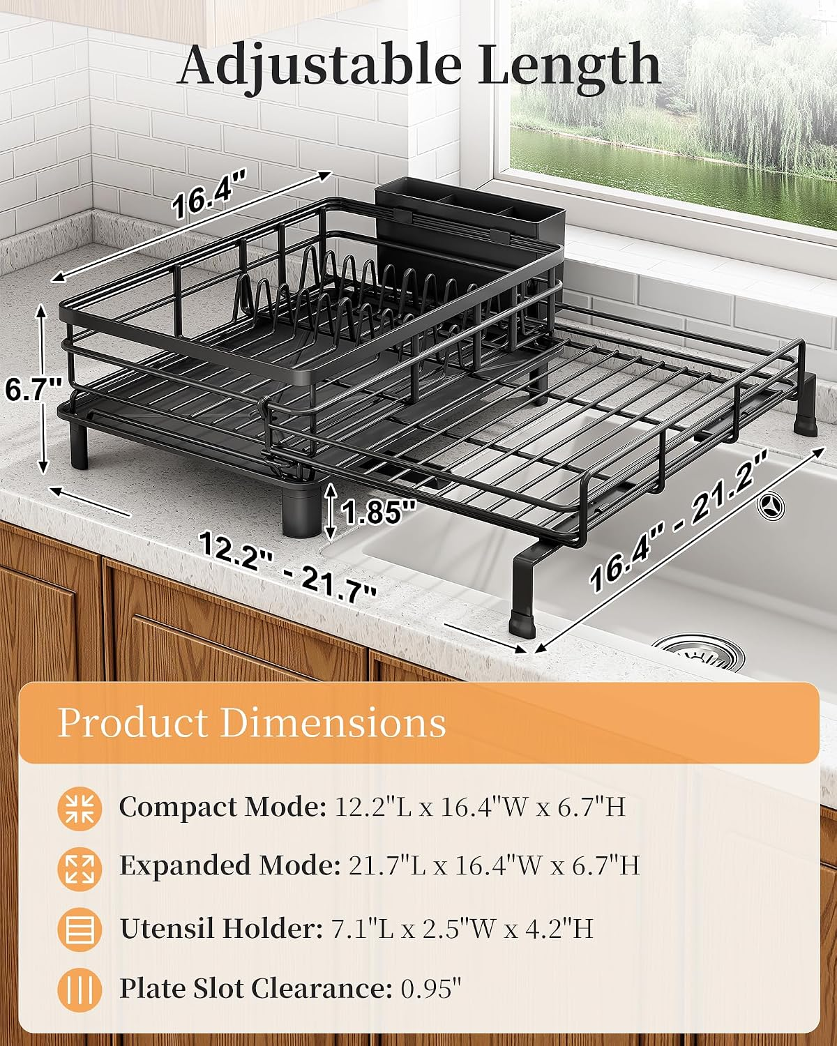 SAYZH Expandable Dish Drying Rack for Kitchen Counter, Metal, Black ...