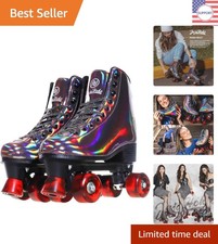 Durable Faux Leather Roller Skates - Holographic High Top with Glitter Wheels