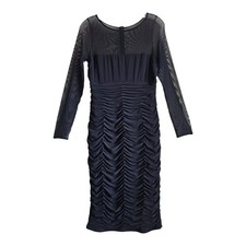 ELIZA J Women 8 Dress Black Bodycon Mesh Shoulders & Sleeves Ruched Knee Length