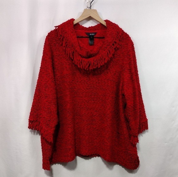 Ali Miles Cowl Neck Yarn Fringe Knit Sweater Womens 2X Red Bobo Retro Holiday