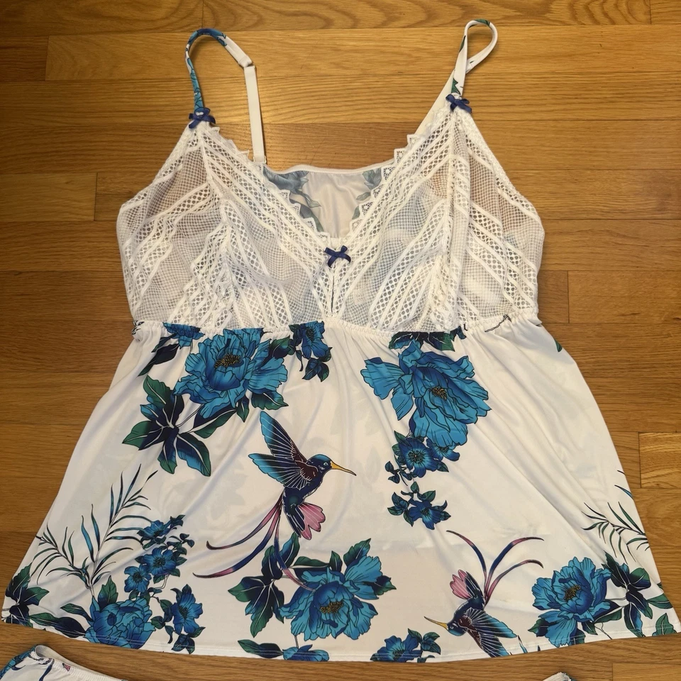 Lane Bryant Cacique White Blue Floral Bird Lace Cami Sleep Set 5x 30/32 - Image 2 of 4