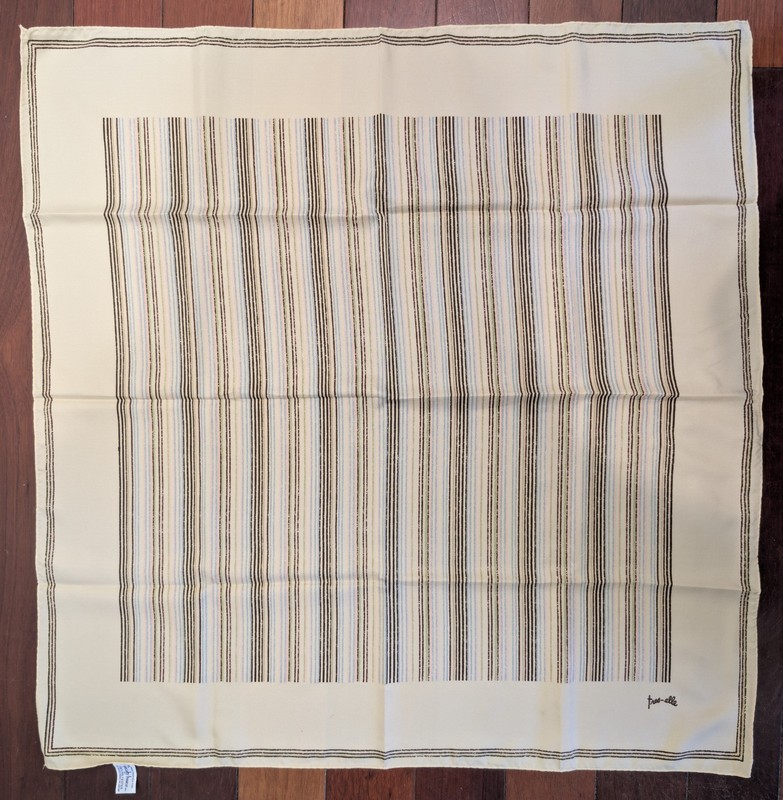 Vintage Hand Printed Scarf Tres-Elle Striped Square Beige Brown Multicolor