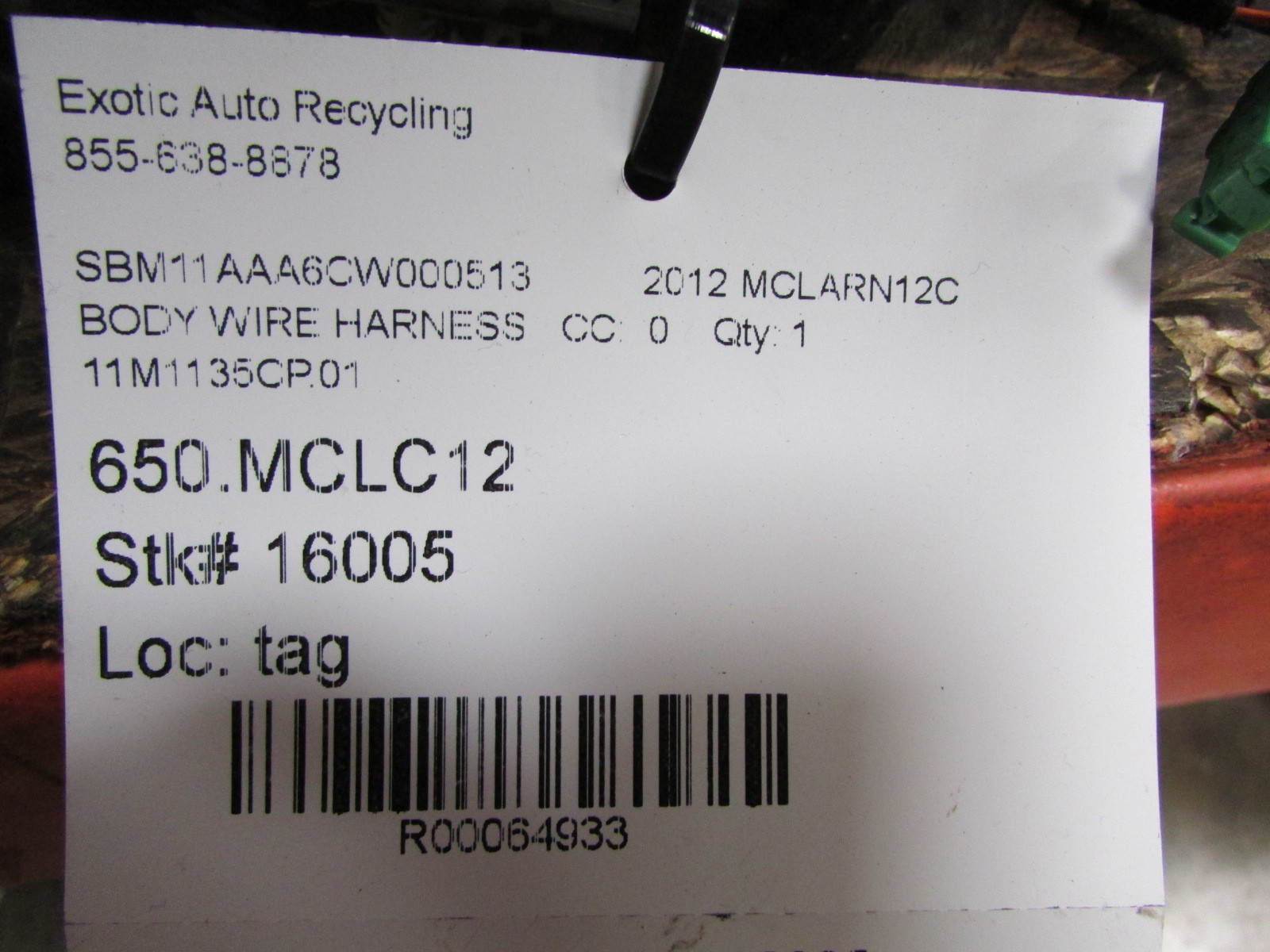 Mclaren MP4-12C Body Wire Harness, Used, P/N 11M1135CP.01