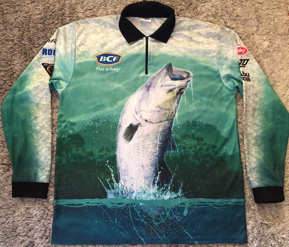 023 New BCF Fishing Shirt Green Fish Scales Long Sleeve Sun Jersey Zip Mens  XL