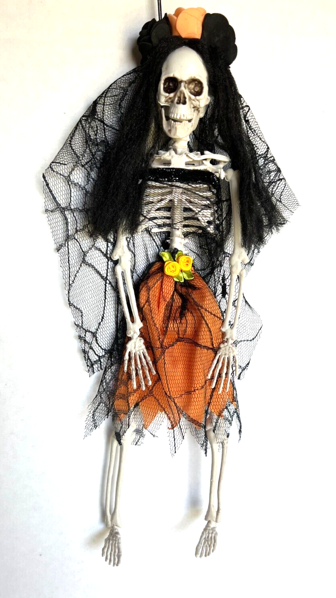 Ganz Hanging Lady Skeleton in Black Hair Veil Orange Skirt