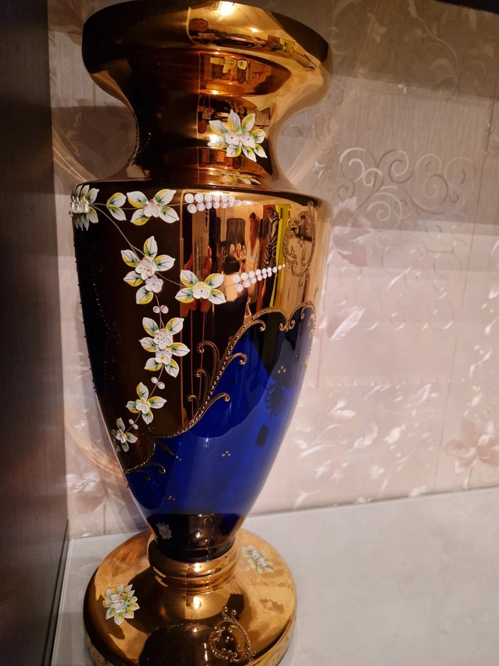 Rococo Kobalt Bohemia Blau Gold Vase Vintage Blüten Czech Republik Höhe 49cm - Bild 3 von 4