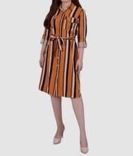 NY Collection Women's Orange Striped Roll Tab Shirt Dress Petite Size PM