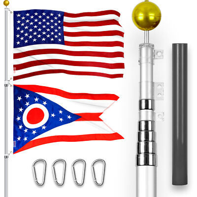 20 Ft Telescoping Flagpole Silver & American and Ohio Flags Emb 300D 3x5Ft