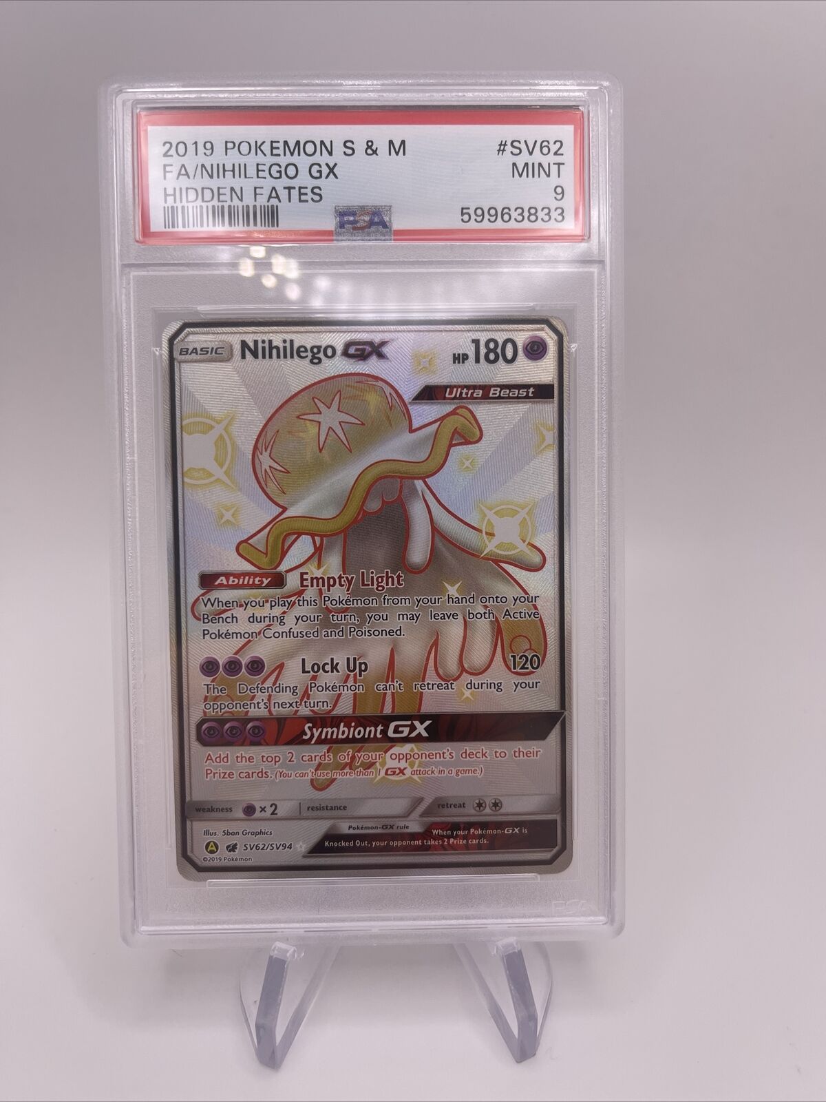 2019 Hidden Fates #SV62 Nihilego GX - Full Art Holo (CGC 9 MINT