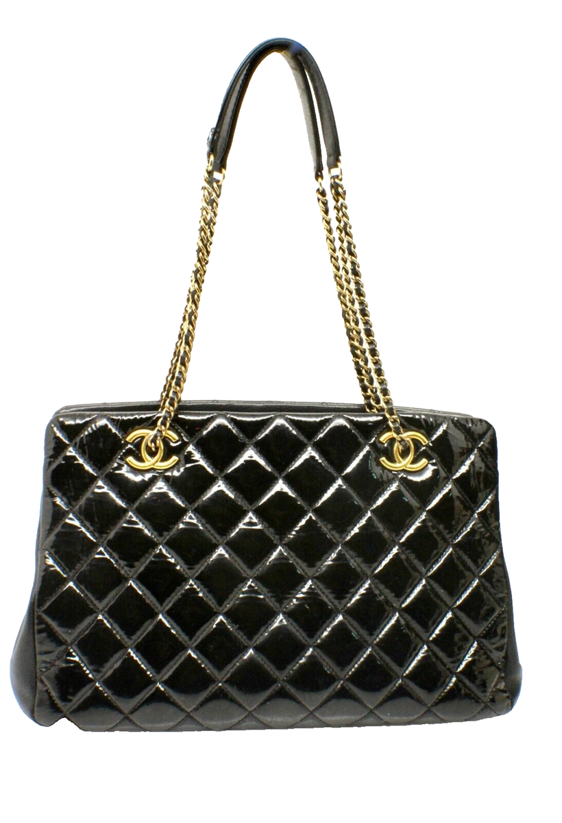Chanel Paris Black Quilted Patent Leather Salzburg CC Eyelet Tote