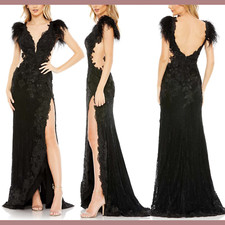 NWD Mac Duggal [ 4 ] 67782 Feather Cap Sleeve Lace Gown High Slit Black #J1437