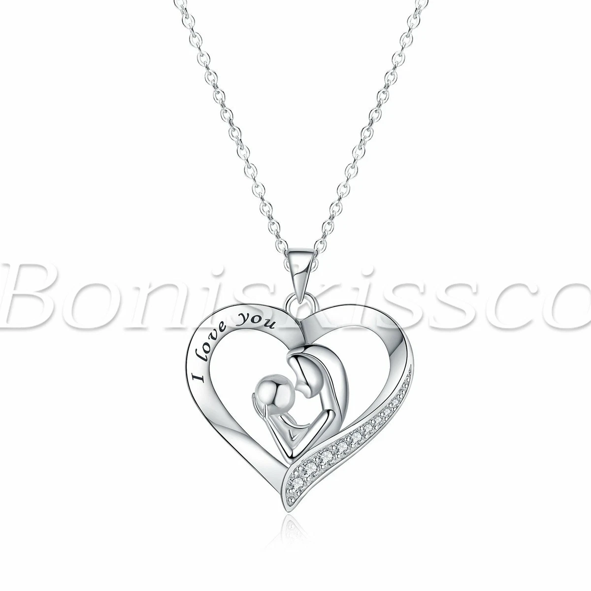925 Silver Cubic Zirconia Love Heart Mom Baby Charm Necklace