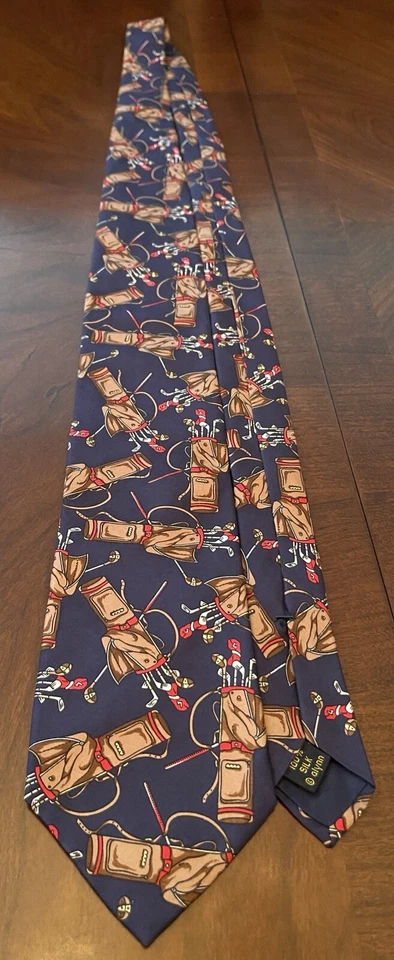 Vintage Alynn Blue Brown 100% Silk Mens Neck Tie Golf Club Print  - Image 3 of 4