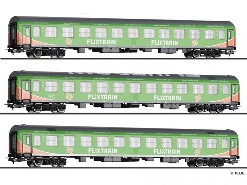 TILLIG 70045 Flixtrain Set 3 Wagen Grün Lackiert Orange Streifen H0 DC | Zustand: Neu