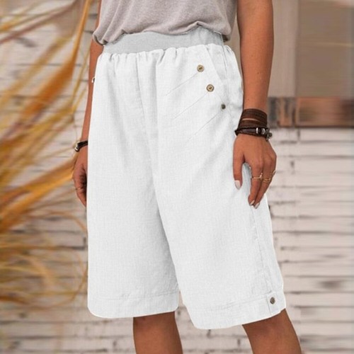 Women Elastic Waist Casual Shorts Cotton Linen Pockets Summer Short Pants+ - Picture 7 of 16