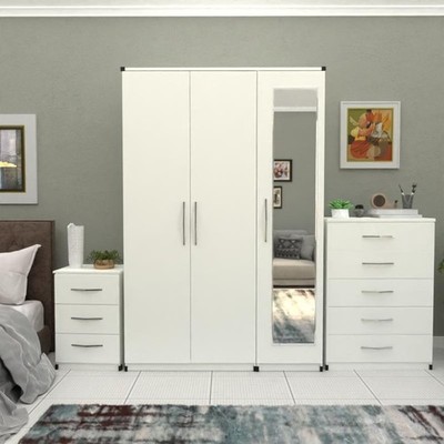Komplett montiertes Möbelset, 3-türiger Kleiderschrank, Kommode, Nachttisch