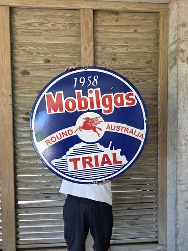 HUGE VINTAGE MOBIL MOBILGAS ROUND AUSTRALIAN TRIAL PORCELAIN SIGN 30"