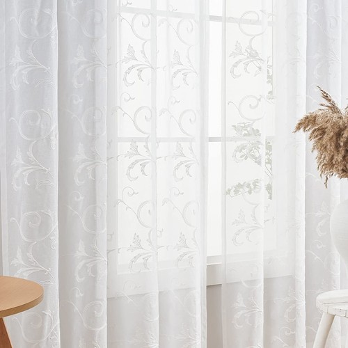 Sheer Curtains White 63 Inch Embroidered Floral, Rod Pocket Voile Drapes for ... - Bild 7 von 9