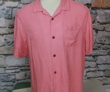 TOMMY BAHAMA Men  s Hawaiian Camp Shirt Pink All Silk Embossed Palm Leaves XL